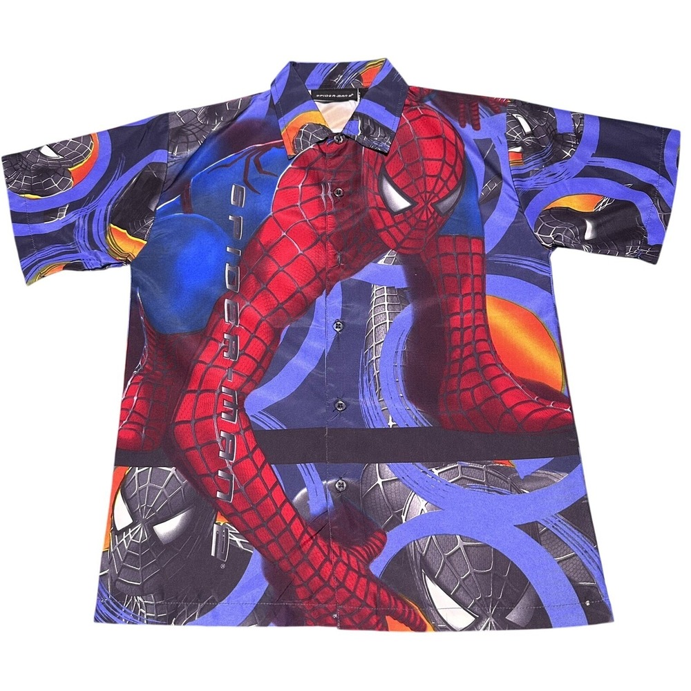 Vintage Y2K Spider-Man 2 Movie Promo Button Shirt Youth Medium All Over Print‎